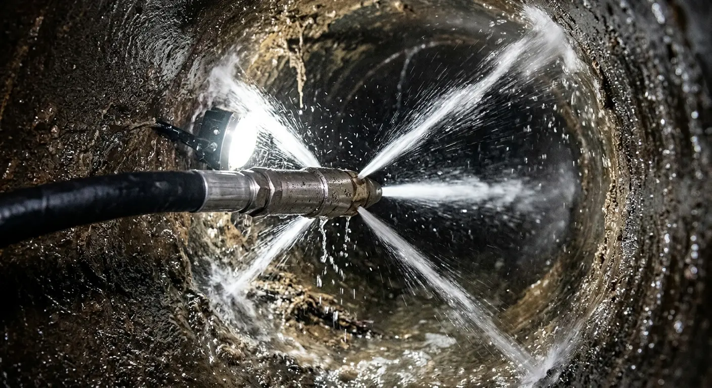High-pressure hydro jetting nozzle cleaning sewer pipe for Trenchless Sewer Repair in Joshua Tree