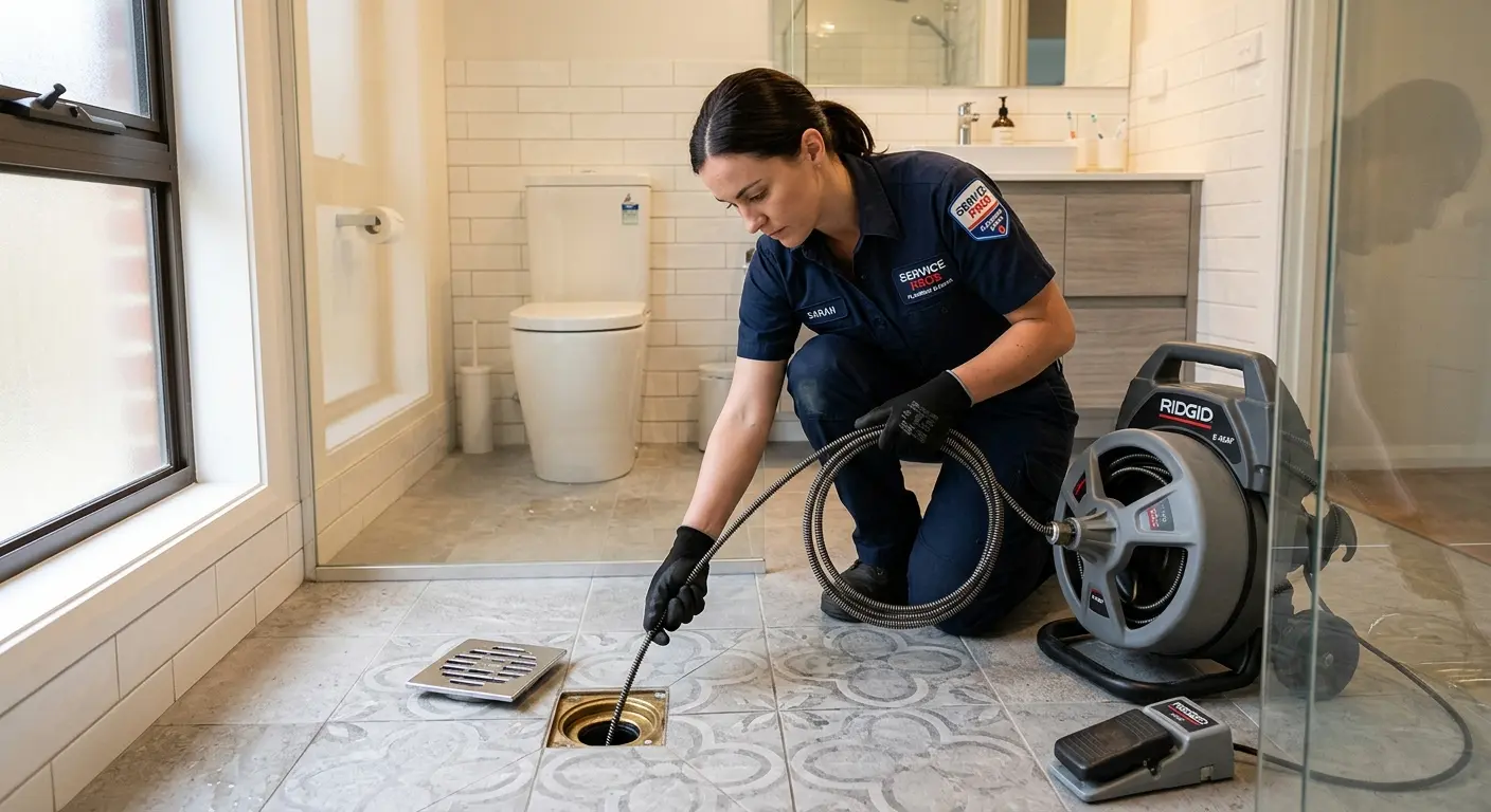 Technician clearing a bathroom floor drain for Sewer Line Replacement in Joshua Tree